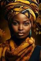 photo de émotif dynamique pose africain femme dans l'automne ai génératif