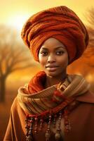 photo de émotif dynamique pose africain femme dans l'automne ai génératif