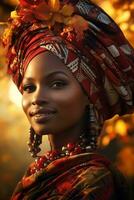 photo de émotif dynamique pose africain femme dans l'automne ai génératif