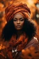 photo de émotif dynamique pose africain femme dans l'automne ai génératif