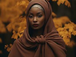 photo de émotif dynamique pose africain femme dans l'automne ai génératif