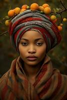 photo de émotif dynamique pose africain femme dans l'automne ai génératif