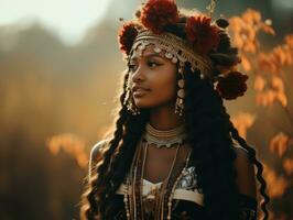 photo de émotif dynamique pose africain femme dans l'automne ai génératif