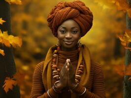 photo de émotif dynamique pose africain femme dans l'automne ai génératif