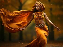 photo de émotif dynamique pose africain femme dans l'automne ai génératif