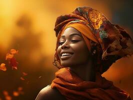 photo de émotif dynamique pose africain femme dans l'automne ai génératif