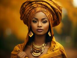 photo de émotif dynamique pose africain femme dans l'automne ai génératif