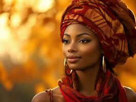 photo de émotif dynamique pose africain femme dans l'automne ai génératif