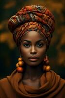 photo de émotif dynamique pose africain femme dans l'automne ai génératif