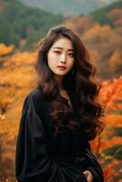 photo de émotif dynamique pose asiatique femme dans l'automne ai génératif