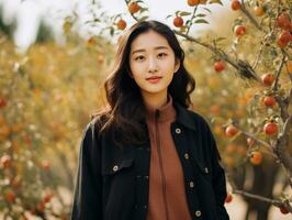 photo de émotif dynamique pose asiatique femme dans l'automne ai génératif