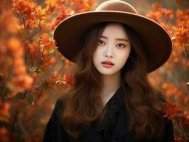 photo de émotif dynamique pose asiatique femme dans l'automne ai génératif