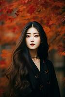 photo de émotif dynamique pose asiatique femme dans l'automne ai génératif