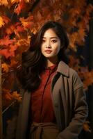 photo de émotif dynamique pose asiatique femme dans l'automne ai génératif