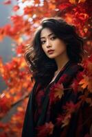 photo de émotif dynamique pose asiatique femme dans l'automne ai génératif