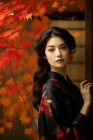 photo de émotif dynamique pose asiatique femme dans l'automne ai génératif