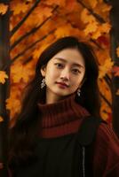 photo de émotif dynamique pose asiatique femme dans l'automne ai génératif