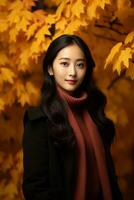 photo de émotif dynamique pose asiatique femme dans l'automne ai génératif