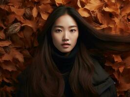 photo de émotif dynamique pose asiatique femme dans l'automne ai génératif