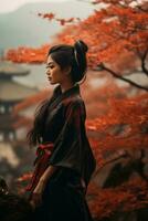 photo de émotif dynamique pose asiatique femme dans l'automne ai génératif