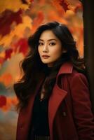 photo de émotif dynamique pose asiatique femme dans l'automne ai génératif