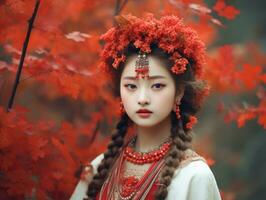 photo de émotif dynamique pose asiatique femme dans l'automne ai génératif