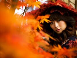 photo de émotif dynamique pose asiatique femme dans l'automne ai génératif