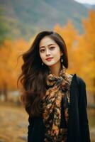 photo de émotif dynamique pose asiatique femme dans l'automne ai génératif