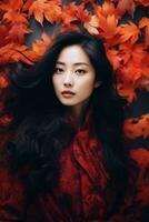 photo de émotif dynamique pose asiatique femme dans l'automne ai génératif