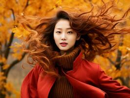 photo de émotif dynamique pose asiatique femme dans l'automne ai génératif