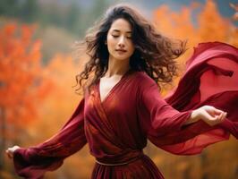 photo de émotif dynamique pose asiatique femme dans l'automne ai génératif