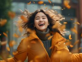 photo de émotif dynamique pose asiatique femme dans l'automne ai génératif