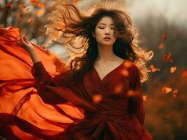 photo de émotif dynamique pose asiatique femme dans l'automne ai génératif