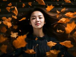 photo de émotif dynamique pose asiatique femme dans l'automne ai génératif