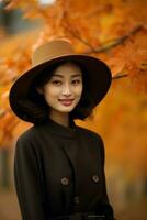 photo de émotif dynamique pose asiatique femme dans l'automne ai génératif