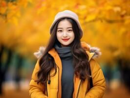 photo de émotif dynamique pose asiatique femme dans l'automne ai génératif