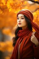 photo de émotif dynamique pose asiatique femme dans l'automne ai génératif