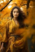 photo de émotif dynamique pose asiatique femme dans l'automne ai génératif