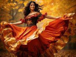 photo de émotif dynamique pose mexicain femme dans l'automne ai génératif
