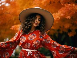 photo de émotif dynamique pose mexicain femme dans l'automne ai génératif