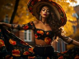 photo de émotif dynamique pose mexicain femme dans l'automne ai génératif