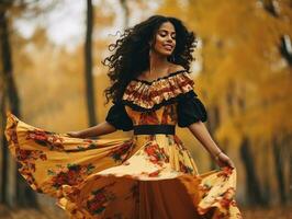 photo de émotif dynamique pose mexicain femme dans l'automne ai génératif