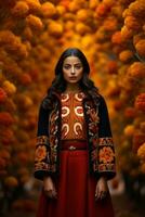 photo de émotif dynamique pose mexicain femme dans l'automne ai génératif