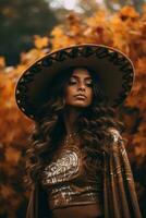 photo de émotif dynamique pose mexicain femme dans l'automne ai génératif