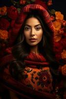 photo de émotif dynamique pose mexicain femme dans l'automne ai génératif