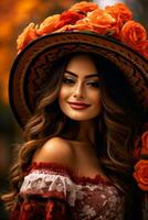 photo de émotif dynamique pose mexicain femme dans l'automne ai génératif