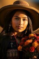 photo de émotif dynamique pose mexicain femme dans l'automne ai génératif