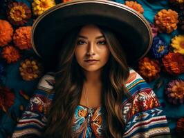 photo de émotif dynamique pose mexicain femme dans l'automne ai génératif