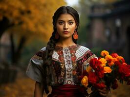 photo de émotif dynamique pose mexicain femme dans l'automne ai génératif