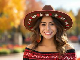photo de émotif dynamique pose mexicain femme dans l'automne ai génératif